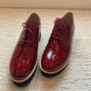 New Eileen Fisher Women’s Oxford Platform Burgundy Patent Leather Shoes 6.5